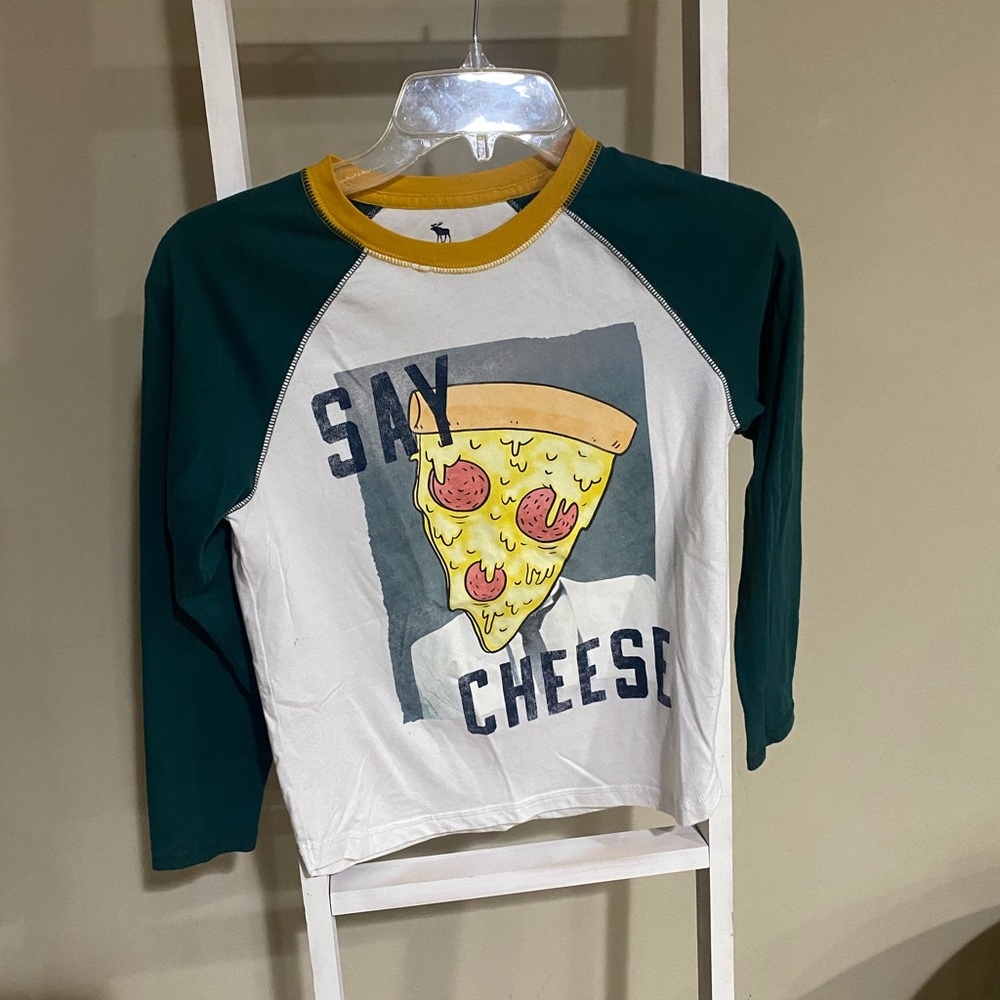 Abercrombie Kids Green and White Pizza Graphic Long Sleeve Tee